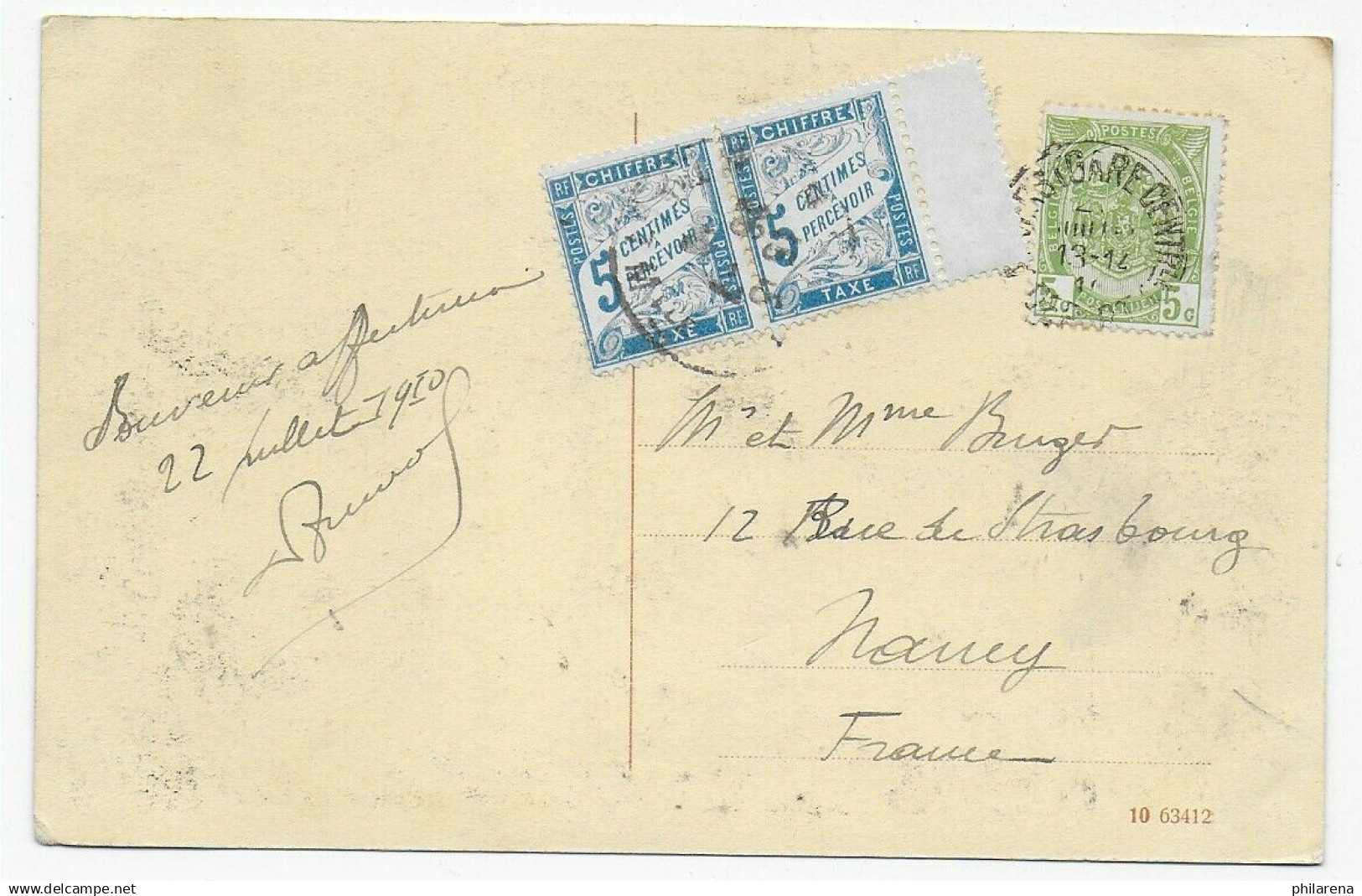 Post Card Brugs To Nancy, Taxe, 1910 - Other & Unclassified