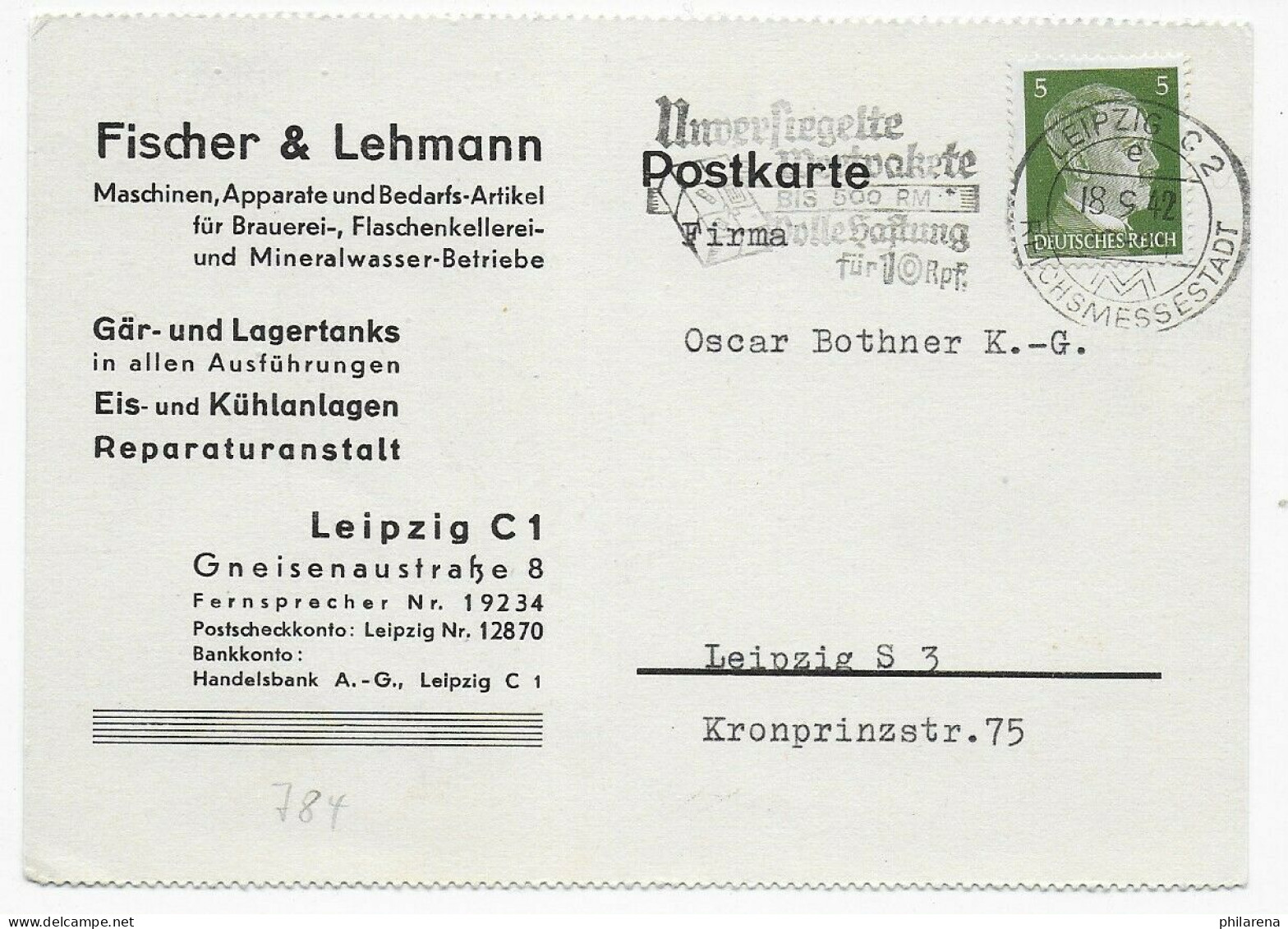 Postkarte Brauerei, Mineralwasser, 1942, Messe Leipzig - Covers & Documents