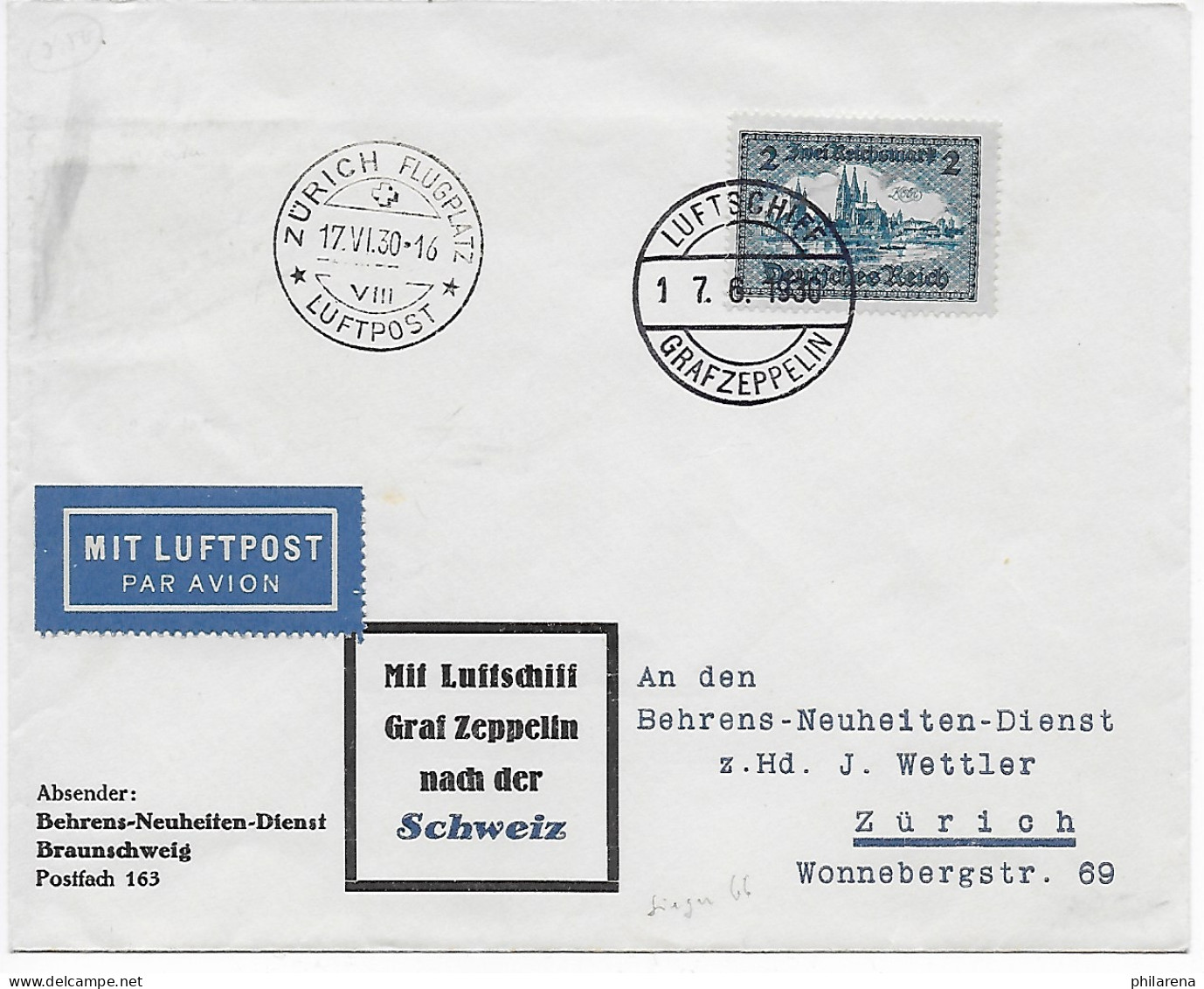 Luftpost Graf Zeppelin 1930 Nach Zürich, MiNr. 440, Mit Brief Sieger 1940 - Briefe U. Dokumente