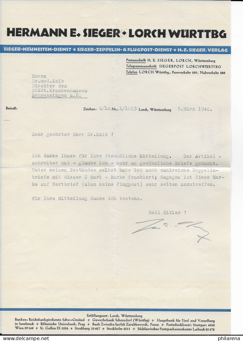 Luftpost Graf Zeppelin 1930 Nach Zürich, MiNr. 440, Mit Brief Sieger 1940 - Briefe U. Dokumente