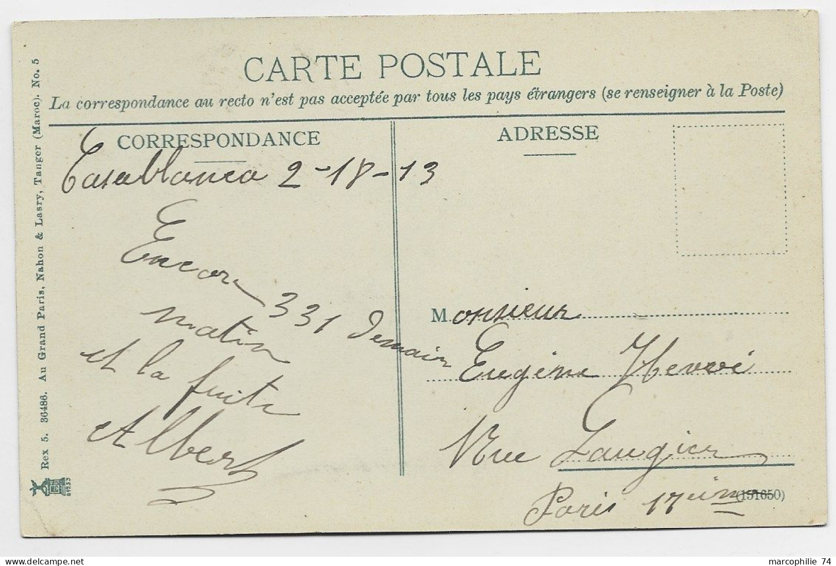 MAROC 1C BLANC AU RECTO CARTE MARCHE DE GRAINS CASABLANCA 1913 - Brieven En Documenten
