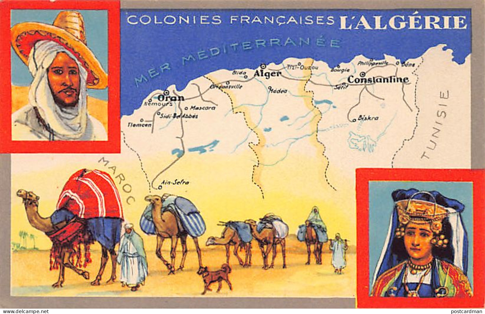 Algérie - Colonies Françaises - Carte Géographique - Femme Ouled Naïls - %ozabite - Caravane - Ed. Lion Noir  - Scenes
