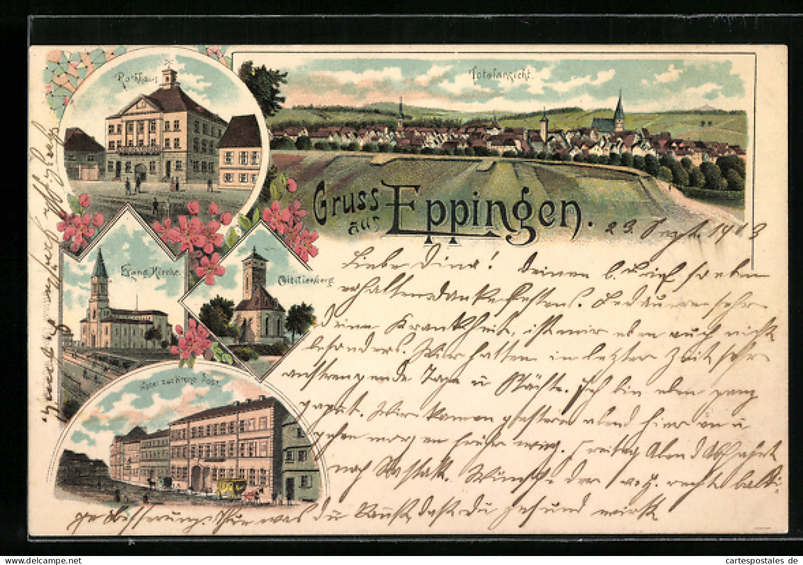 Lithographie Eppingen, Hotel Zur Krone Post, Ottilienberg, Totalansicht  - Eppingen