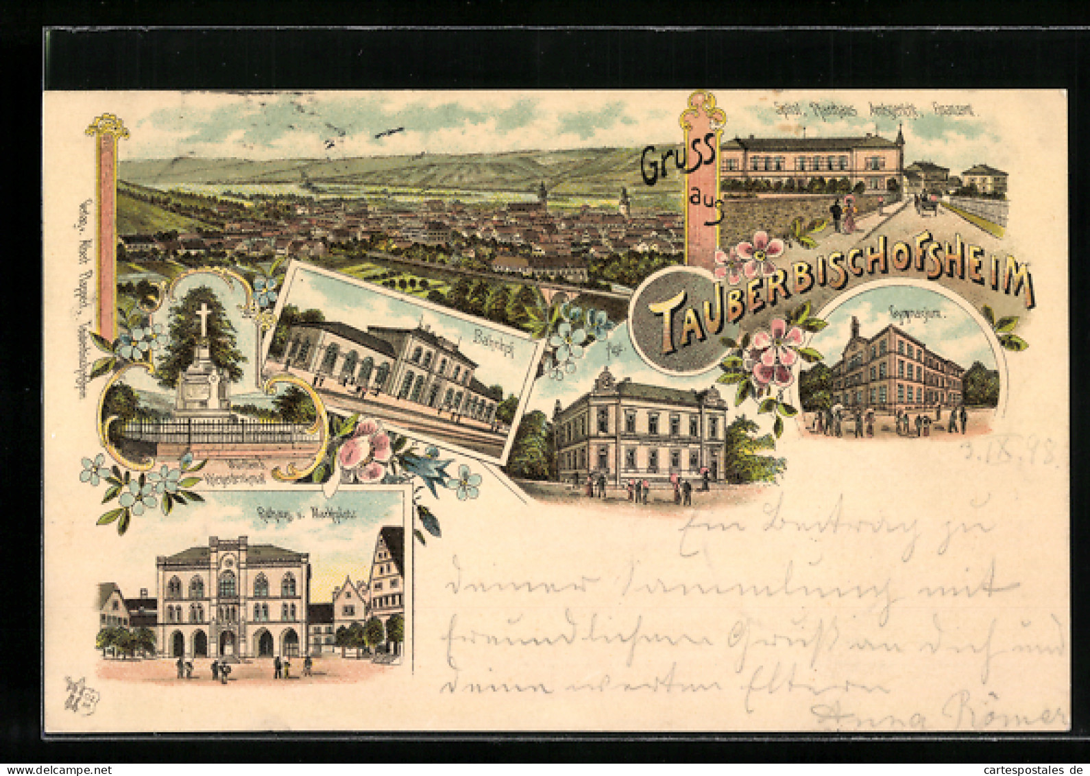 Lithographie Tauberbischofsheim, Ortsansicht, Blick Auf Bahnhof, Rathaus, Marktplatz, Post Und Kriegerdenkmal  - Tauberbischofsheim