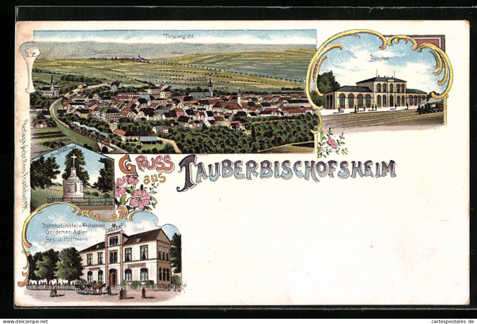 Lithographie Tauberbischofsheim, Bahnhof-Hotel Goldener Adler U. Hoffmann, Bahnhof, Gesamtansicht Aus Der Vogelschau  - Tauberbischofsheim