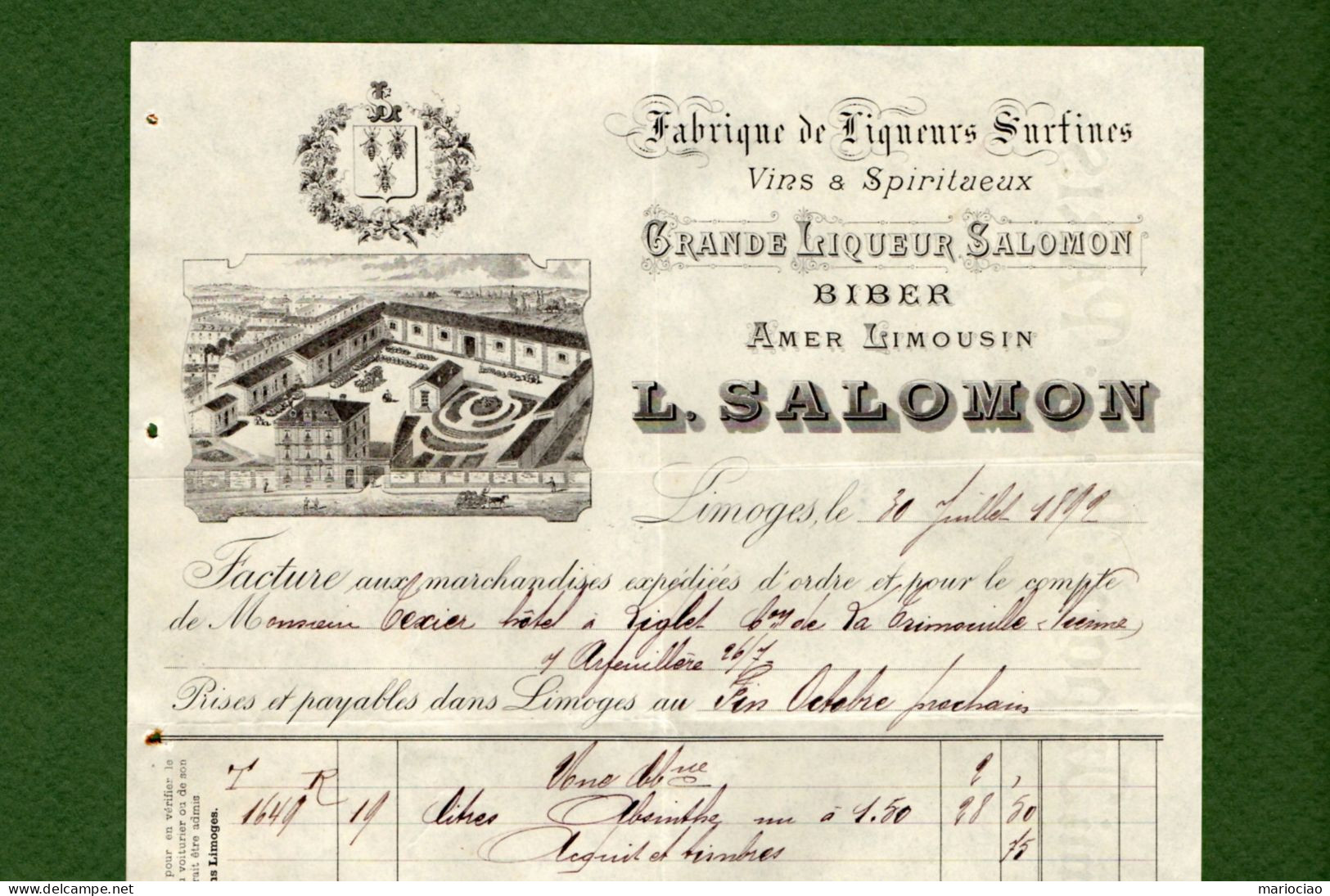 DF-FR 87 Limoges 1892 Fabrique De Liqueurs Surfines L. SALOMON - Autres & Non Classés