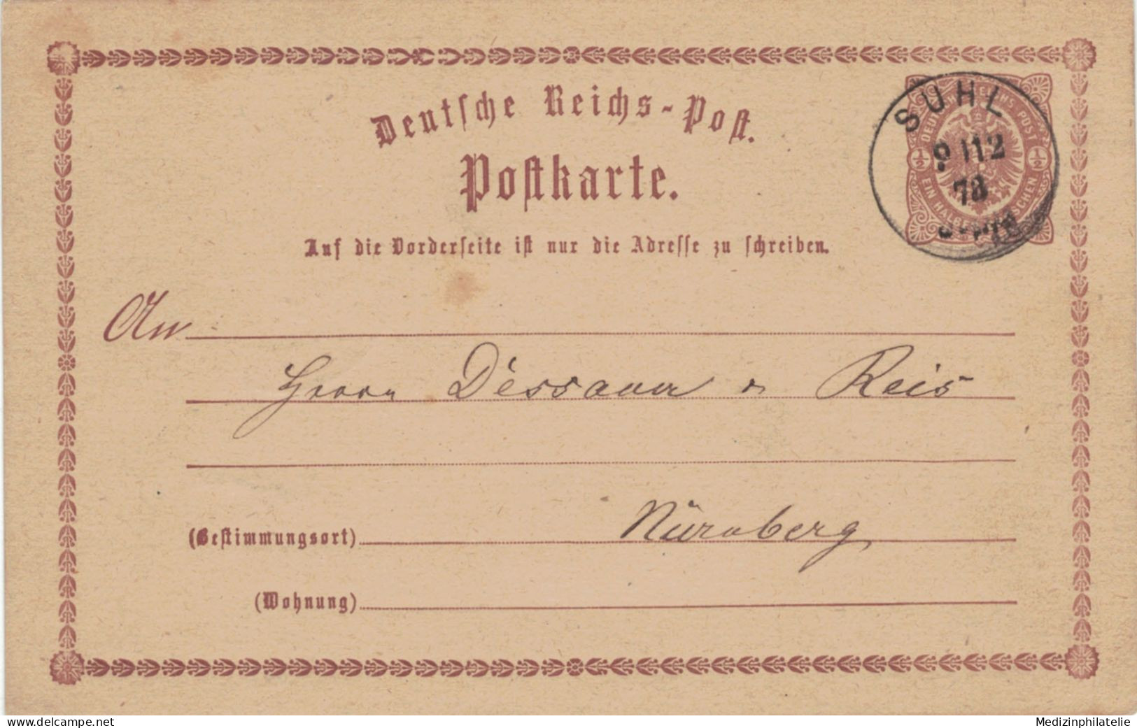 Ganzsache 1/2 Groschen - Suhl 1878 > Dessauer & Reis Nürnberg - Postkarten