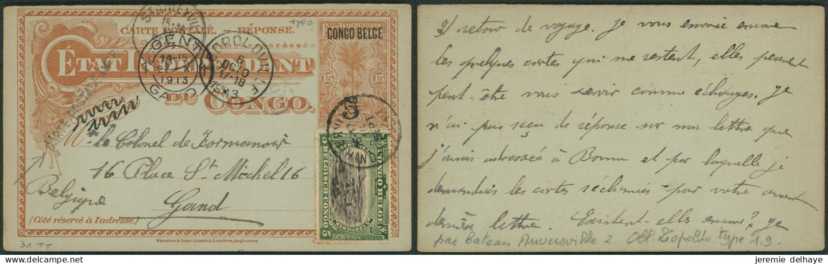 EP Au Type N°31TT (réponse) + N°54 "Carte Postale Incomplète" Par Bateau Anversville 2 çàd Obl Ponthierville (1911) > Ge - Stamped Stationery