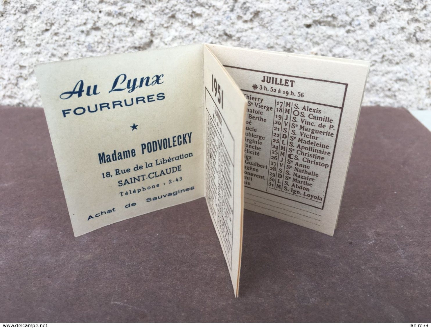 Mini Calendrier / Fourrures Au Lynx / 1951 / Saint Claude / Jura / 39 - Klein Formaat: 1941-60