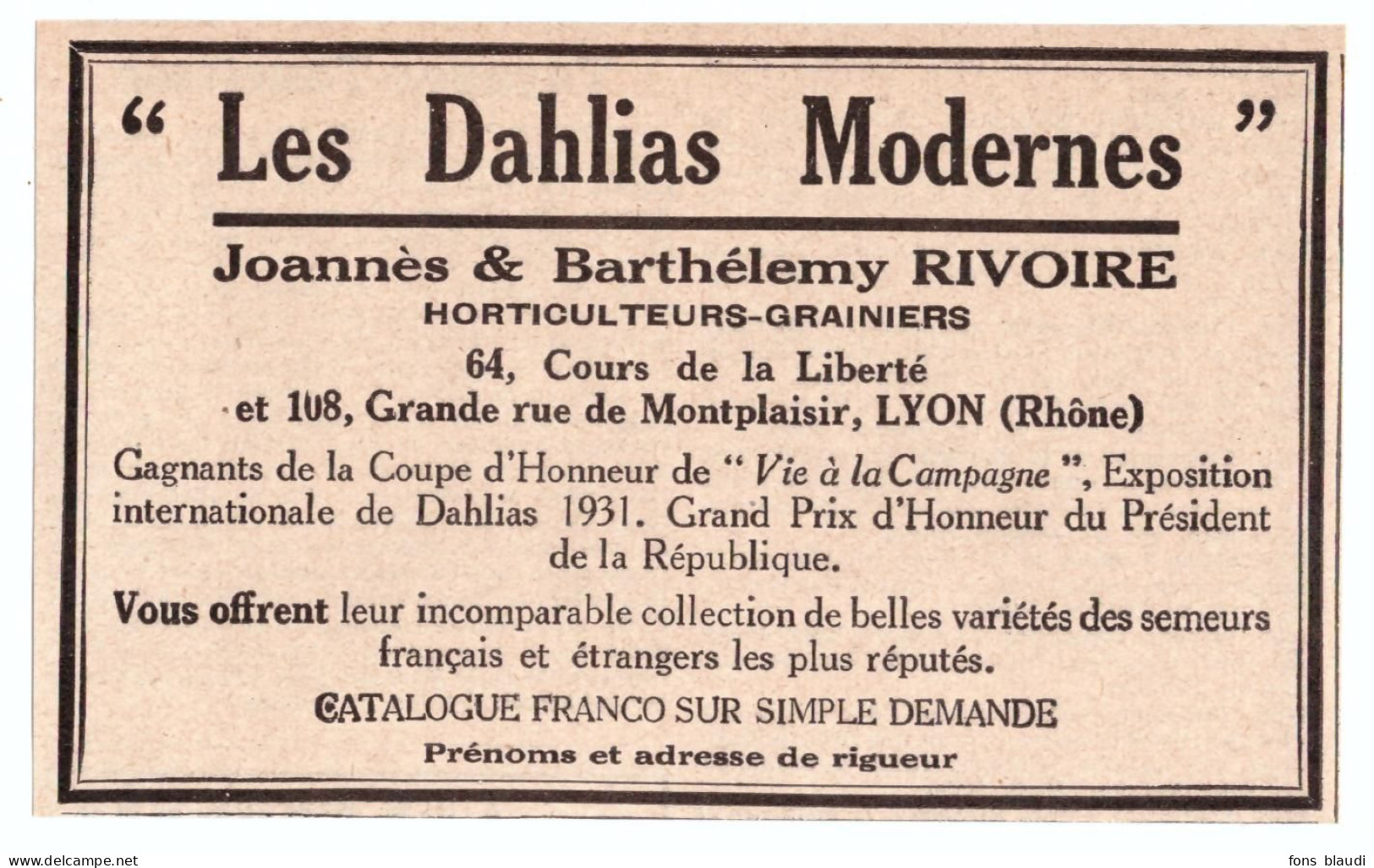 1932 - Publicité - Joannès Et Barthélemy Rivoire Horticulteurs Au 64 Cours De La Liberté à Lyon - Reclame