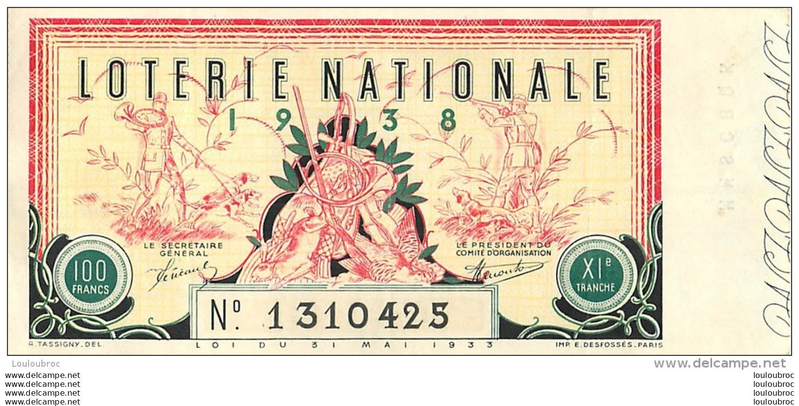 BILLET DE LOTERIE NATIONALE 1938 ONZIEME TRANCHE - Billets De Loterie