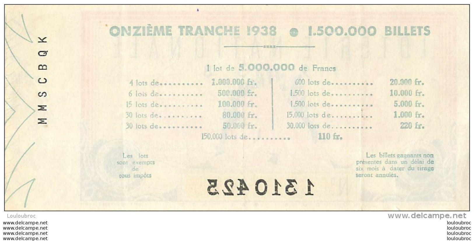 BILLET DE LOTERIE NATIONALE 1938 ONZIEME TRANCHE - Biglietti Della Lotteria