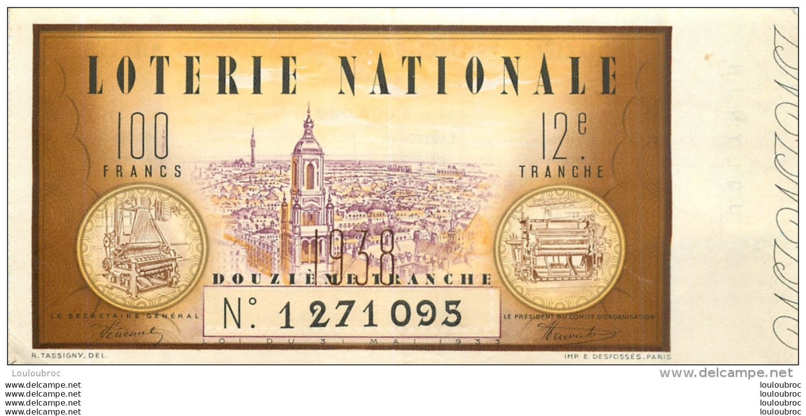 BILLET DE LOTERIE NATIONALE  1938 DOUZIEME TRANCHE - Loterijbiljetten