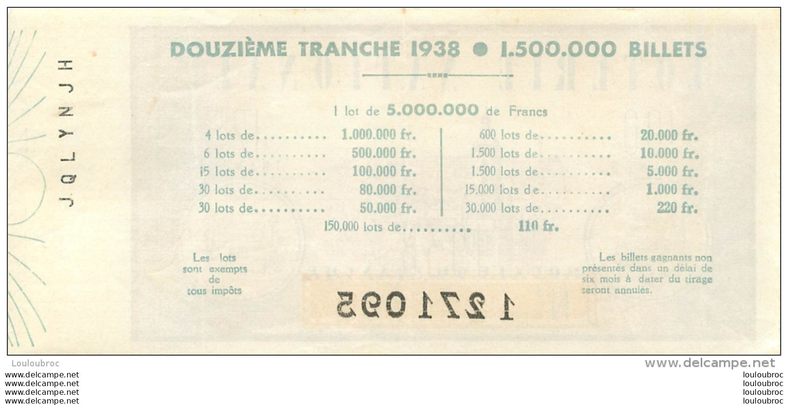 BILLET DE LOTERIE NATIONALE  1938 DOUZIEME TRANCHE - Billets De Loterie