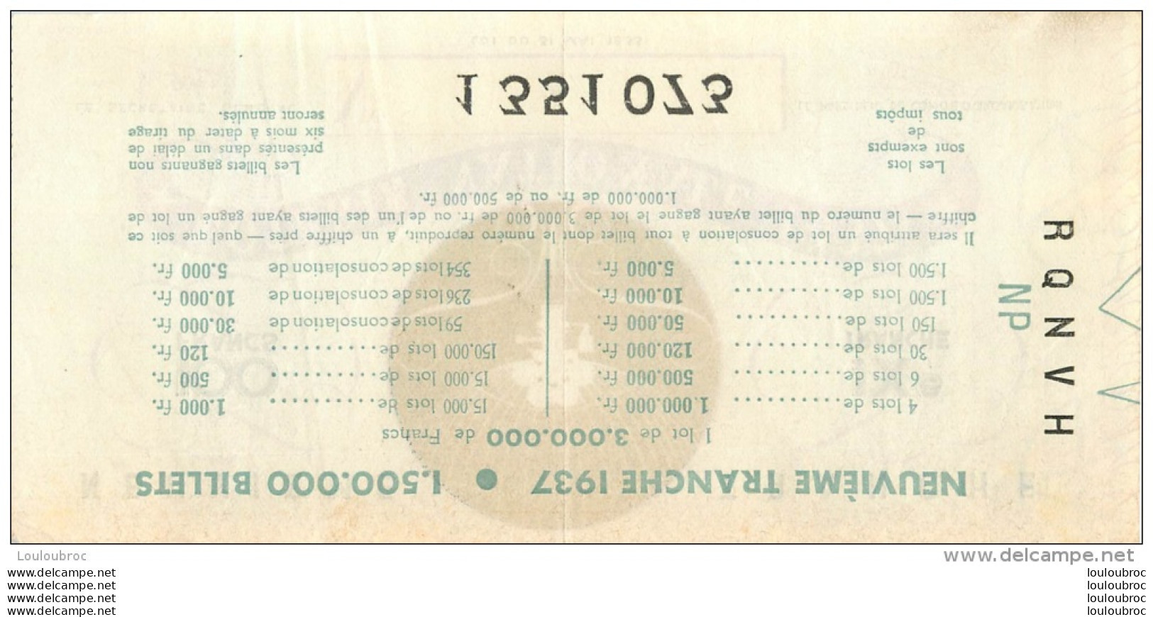 BILLET DE LOTERIE NATIONALE 1937 NEUVIEME TRANCHE - Billets De Loterie