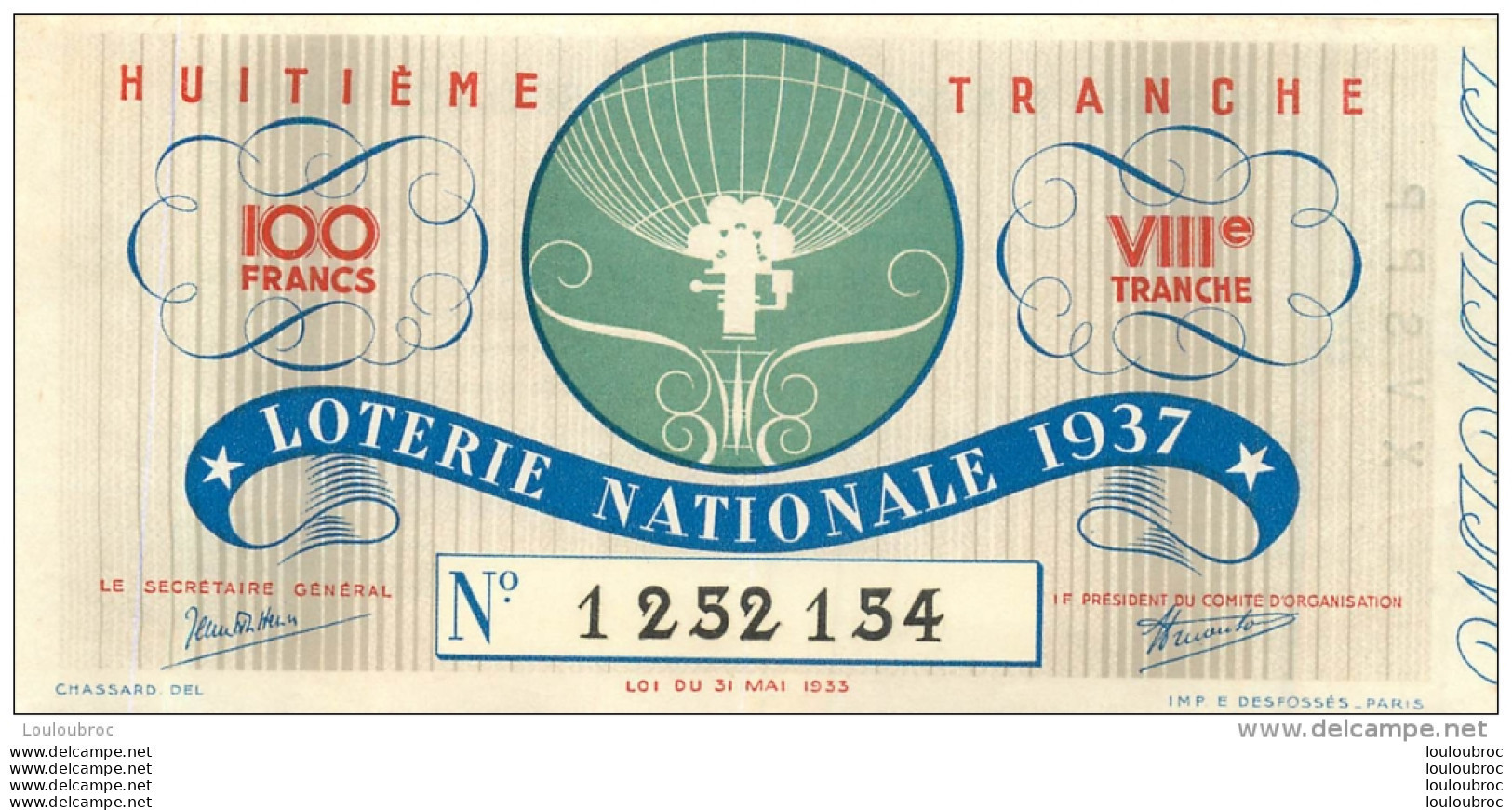 BILLET DE LOTERIE NATIONALE  1937 HUITIEME  TRANCHE - Billetes De Lotería