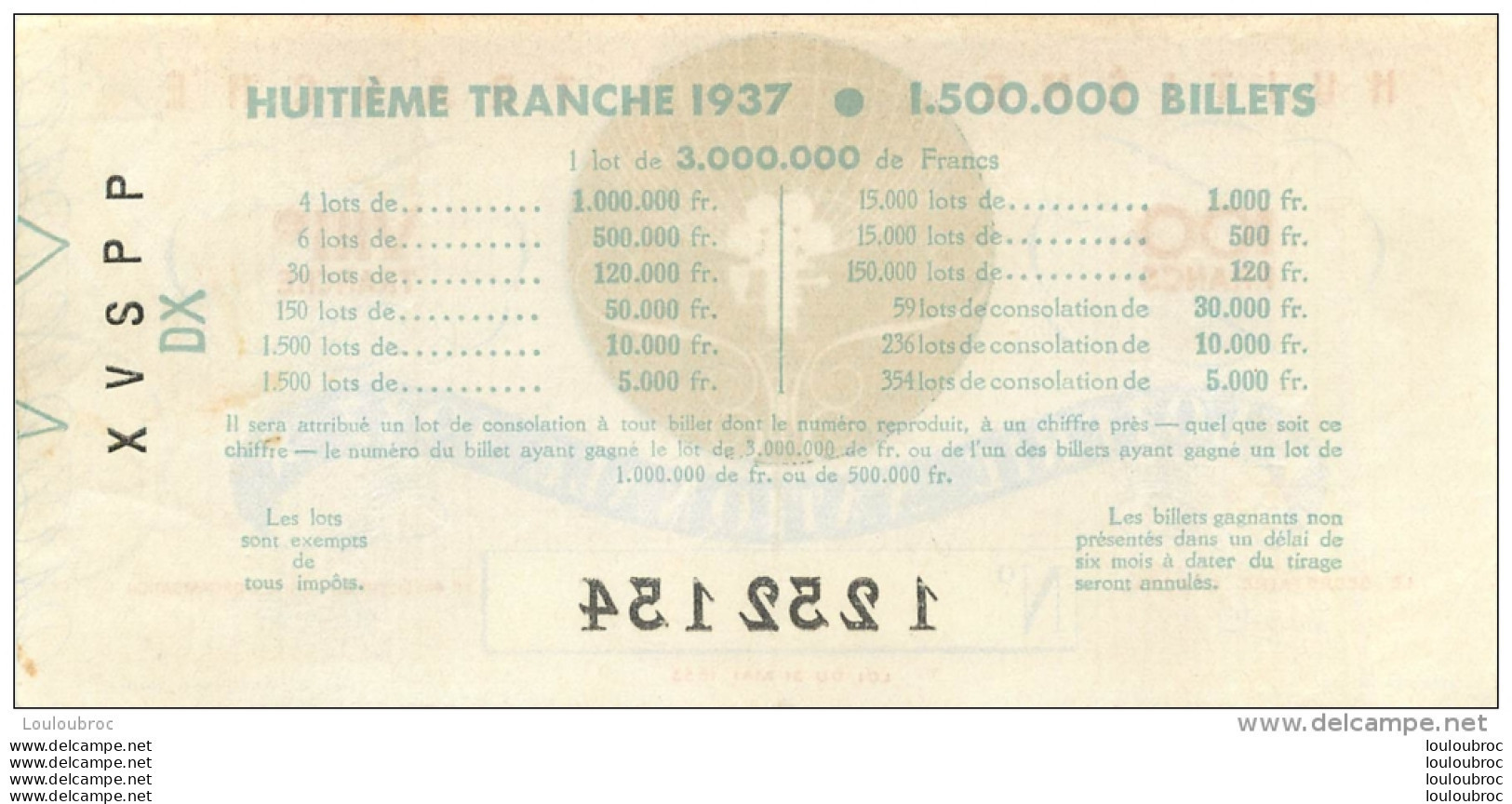 BILLET DE LOTERIE NATIONALE  1937 HUITIEME  TRANCHE - Lotterielose