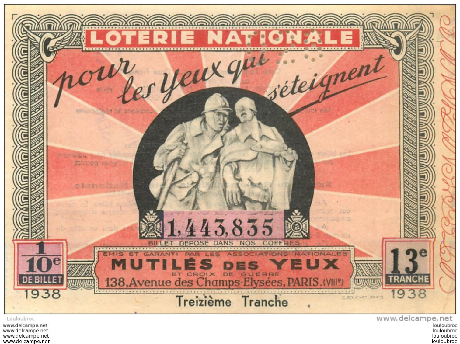 BILLET DE LOTERIE NATIONALE  1938 TREIZIEME TRANCHE - Loterijbiljetten