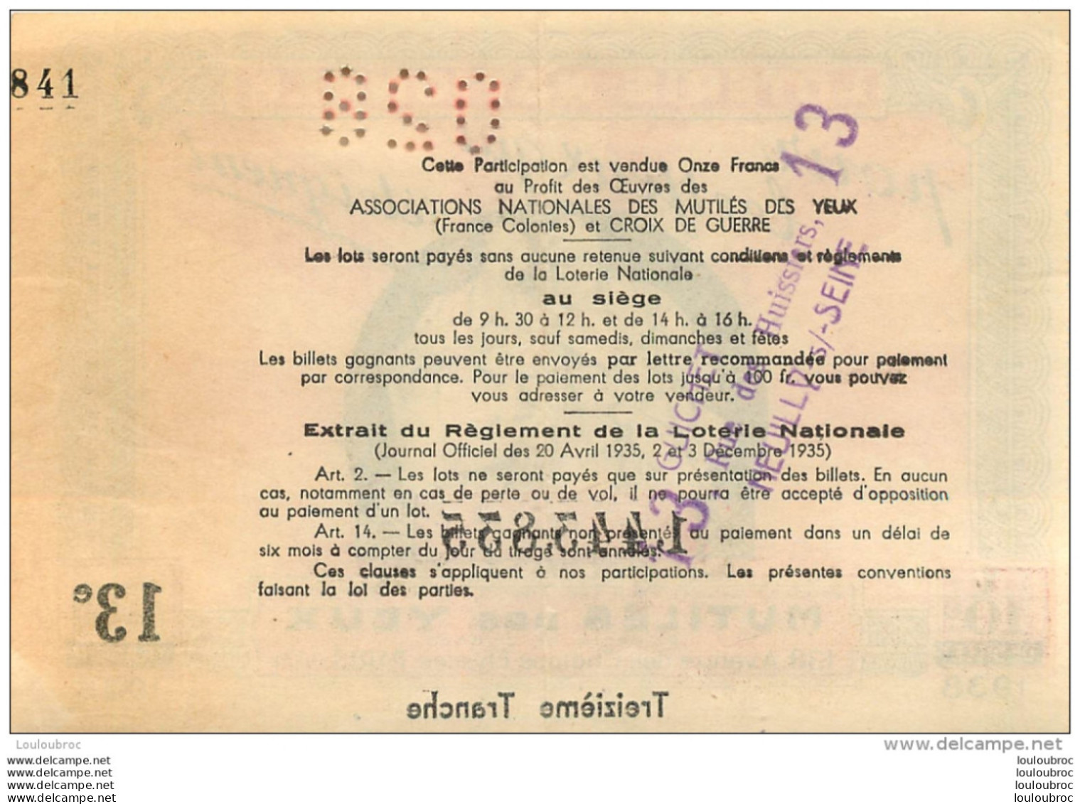BILLET DE LOTERIE NATIONALE  1938 TREIZIEME TRANCHE - Loterijbiljetten