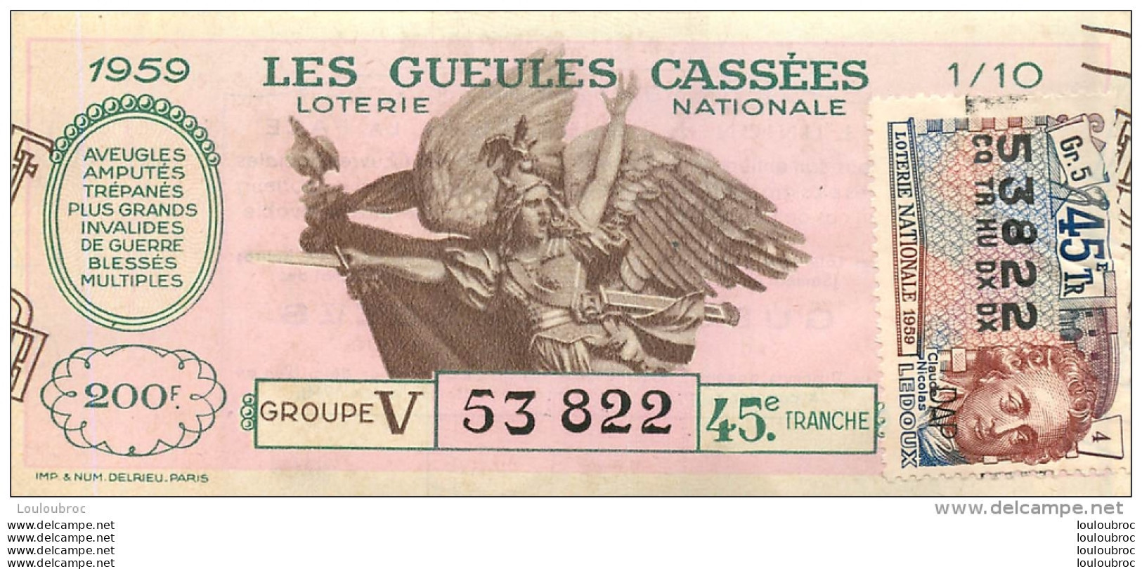 BILLET DE LOTERIE NATIONALE 1959 LES GUEULES CASSEES - Billets De Loterie