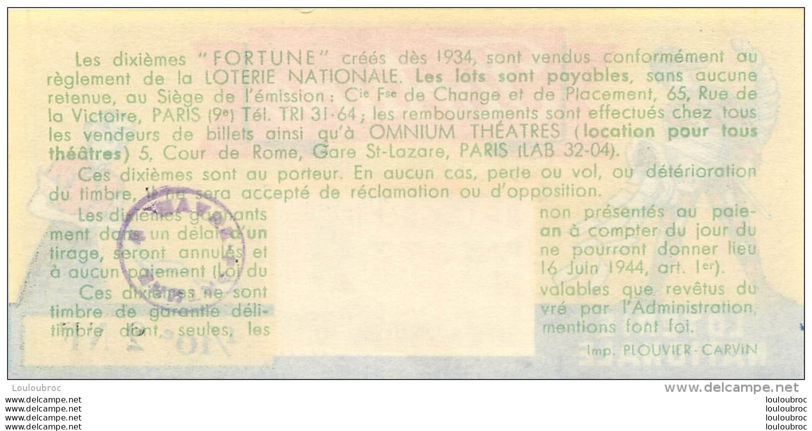 BILLET DE LOTERIE NATIONALE 1960 FORTUNE 4EM TRANCHE - Billets De Loterie