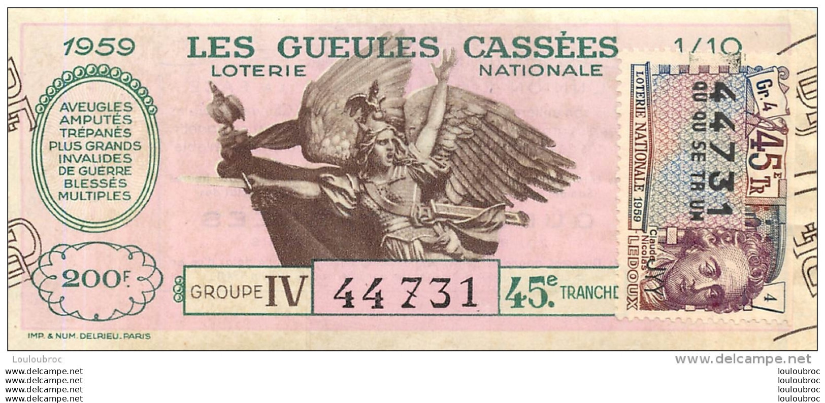 BILLET DE LOTERIE NATIONALE 1959 LES GUEULES CASSEES 45EM TRANCHE - Loterijbiljetten