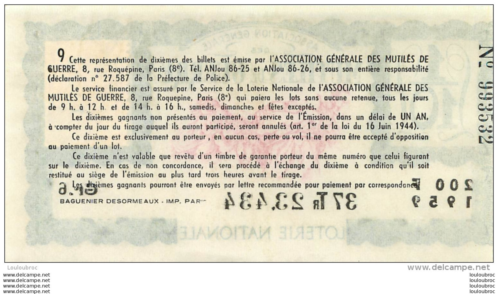 BILLET DE LOTERIE NATIONALE 1959 MUTILES DE GUERRE 37EM TRANCHE - Billets De Loterie