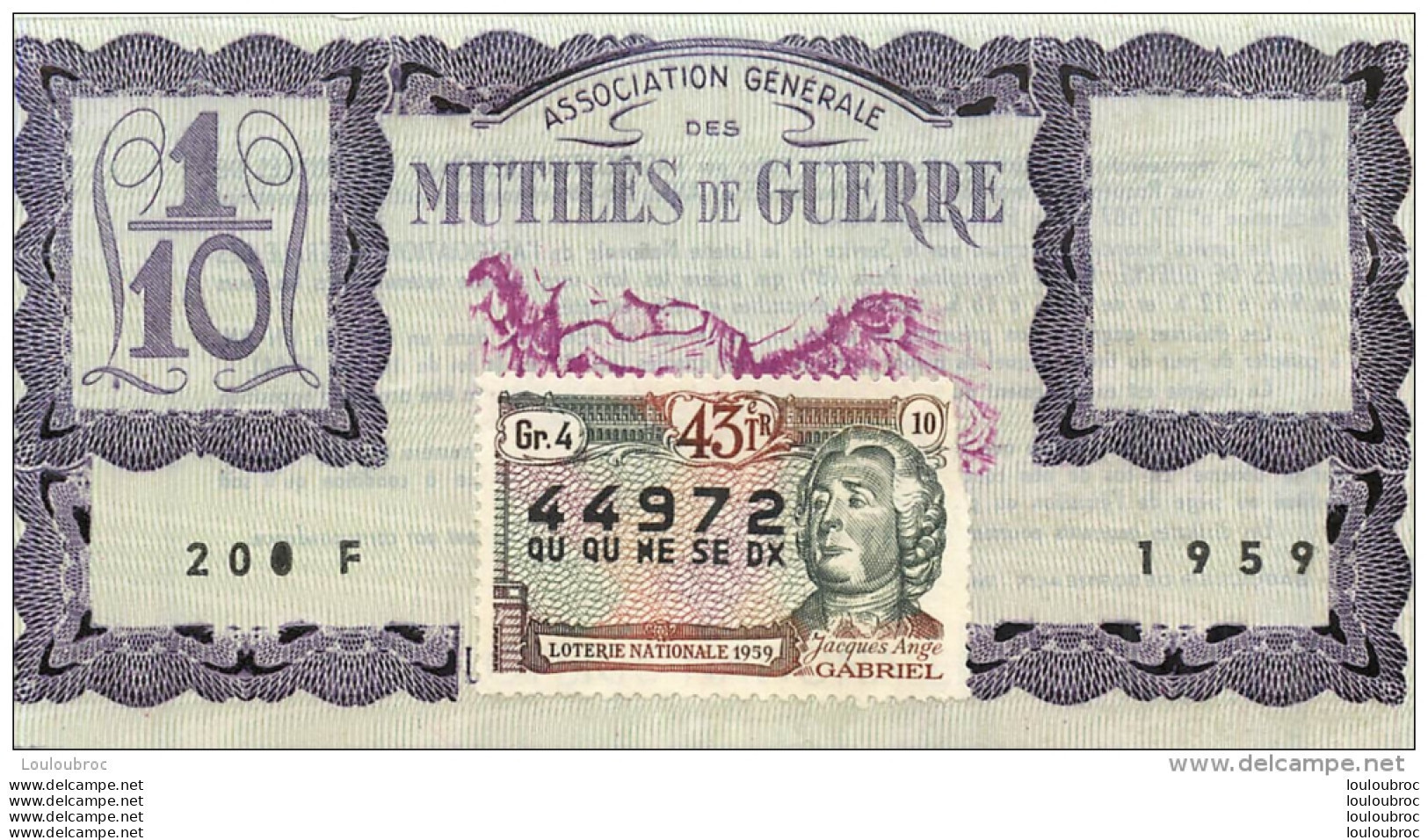 BILLET DE LOTERIE NATIONALE 1959 MUTILES DE GUERRE 43EM TRANCHE - Billets De Loterie