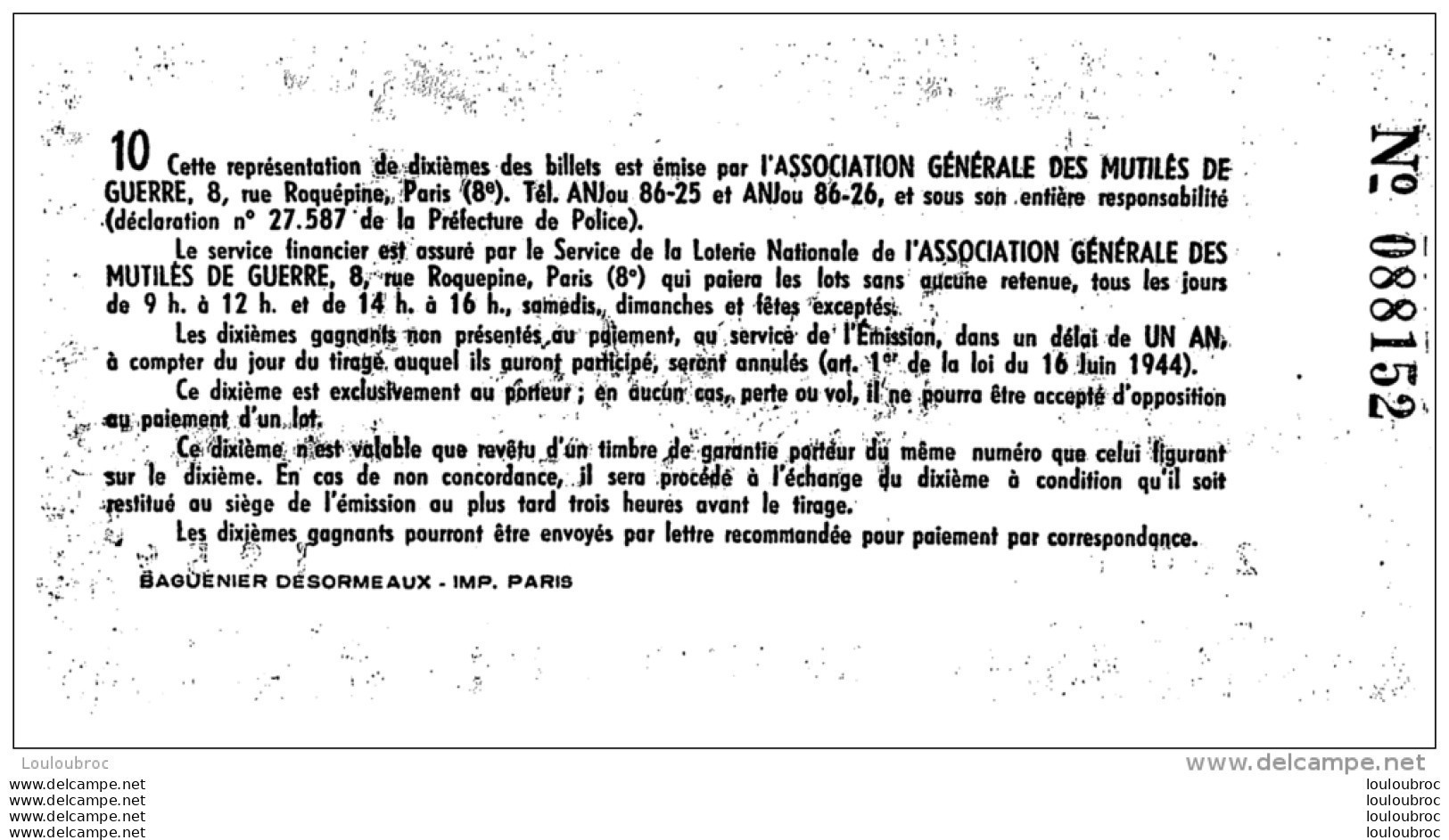 BILLET DE LOTERIE NATIONALE 1959 MUTILES DE GUERRE 43EM TRANCHE - Billetes De Lotería