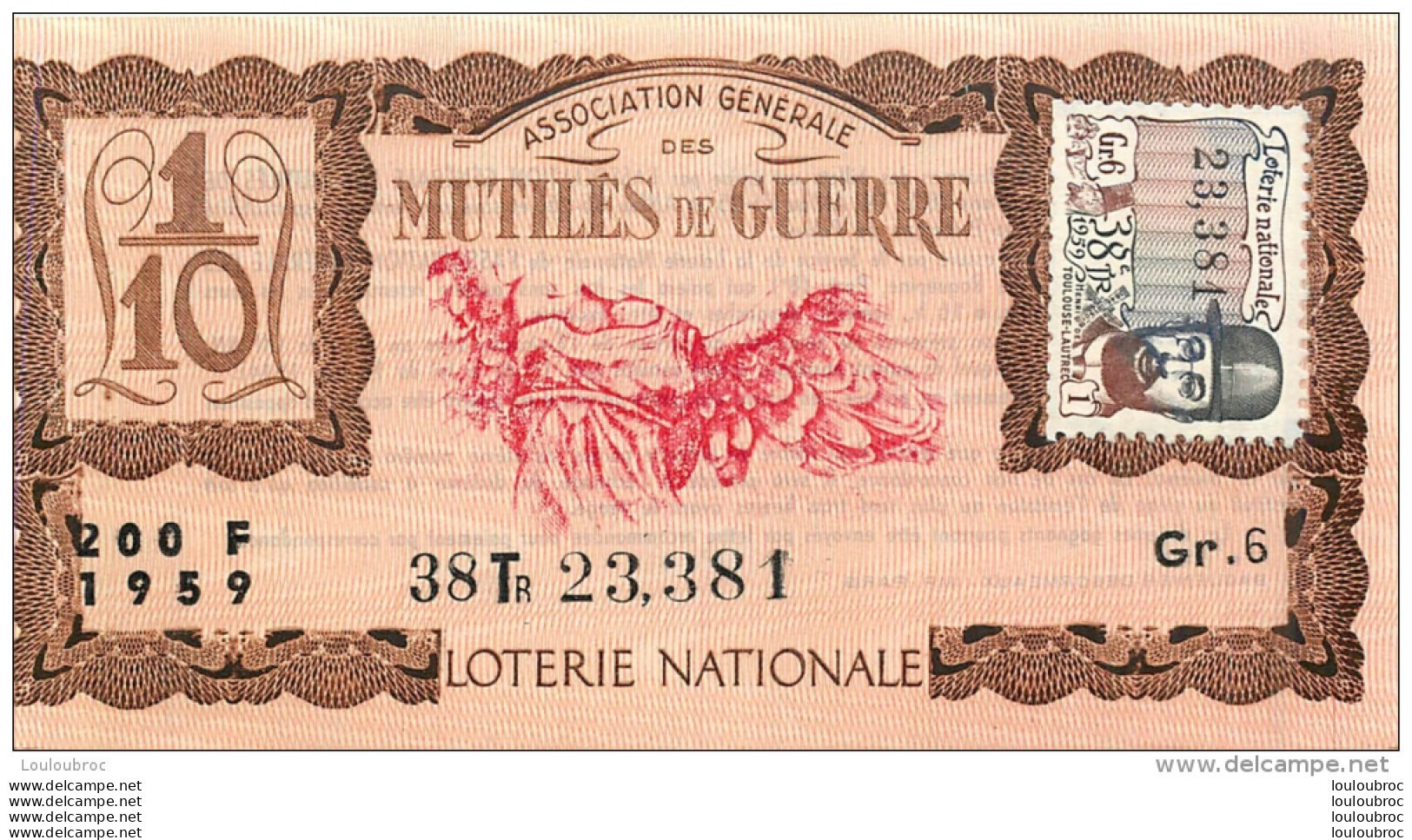 BILLET DE LOTERIE NATIONALE 1959 MUTILES DE GUERRE 38EM TRANCHE - Lotterielose
