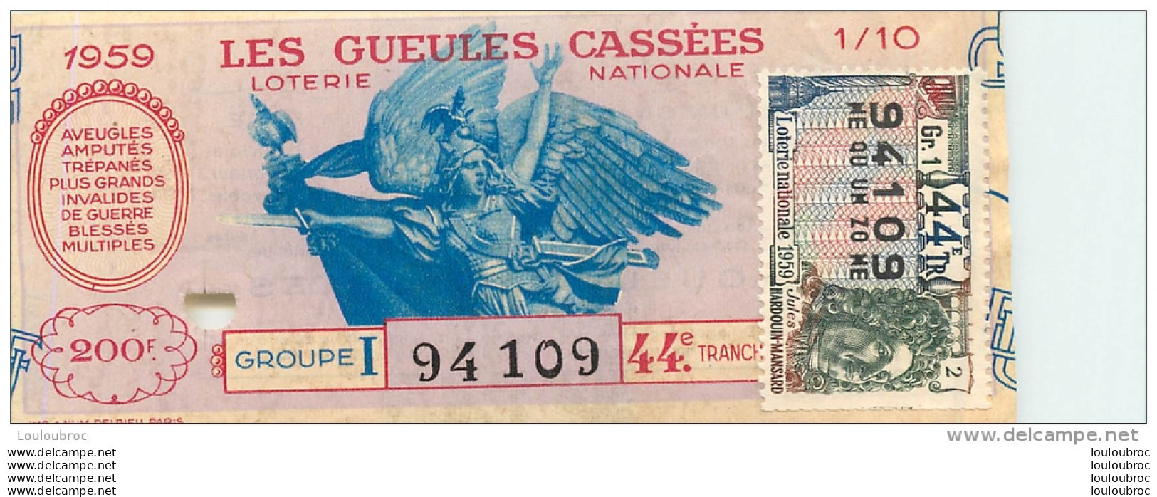 BILLET DE LOTERIE NATIONALE 1959 LES GUEULES CASSEES - Loterijbiljetten