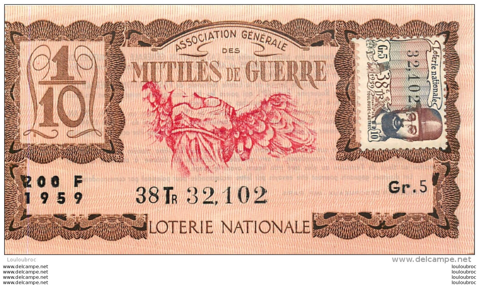 BILLET DE LOTERIE NATIONALE 1959 MUTILES DE GUERRE 38EM TRANCHE - Loterijbiljetten