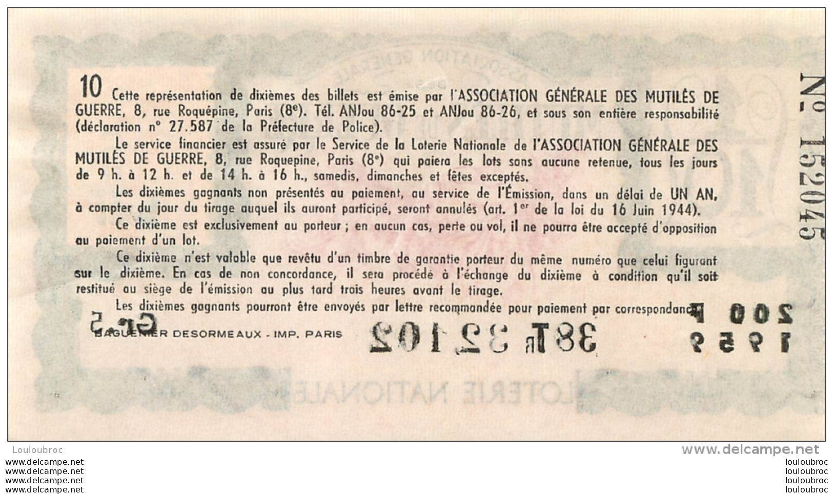 BILLET DE LOTERIE NATIONALE 1959 MUTILES DE GUERRE 38EM TRANCHE - Lottery Tickets