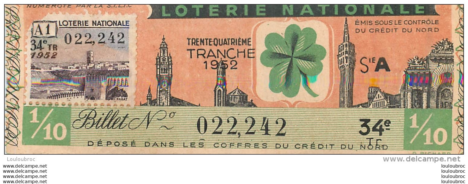 BILLET DE LOTERIE NATIONALE 1952  34E TRANCHE - Billetes De Lotería