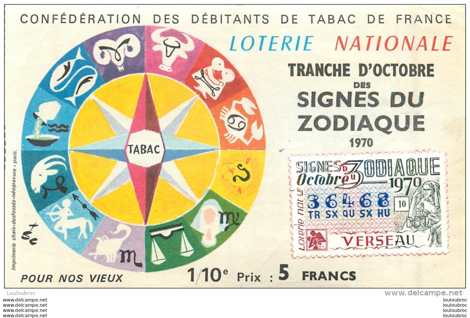 BILLET DE LOTERIE NATIONALE 1979 SIGNES DU ZODIAQUE VERSEAU - Lottery Tickets