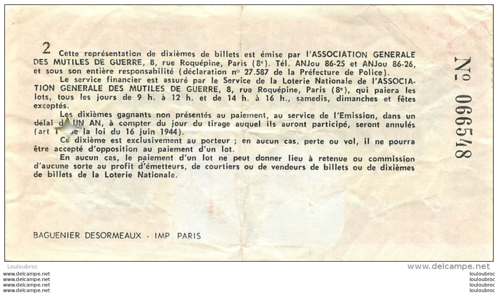 BILLET DE LOTERIE NATIONALE 1965 ASSOCIATION GENERALE DES MUTILES DE GUERRE - Loterijbiljetten