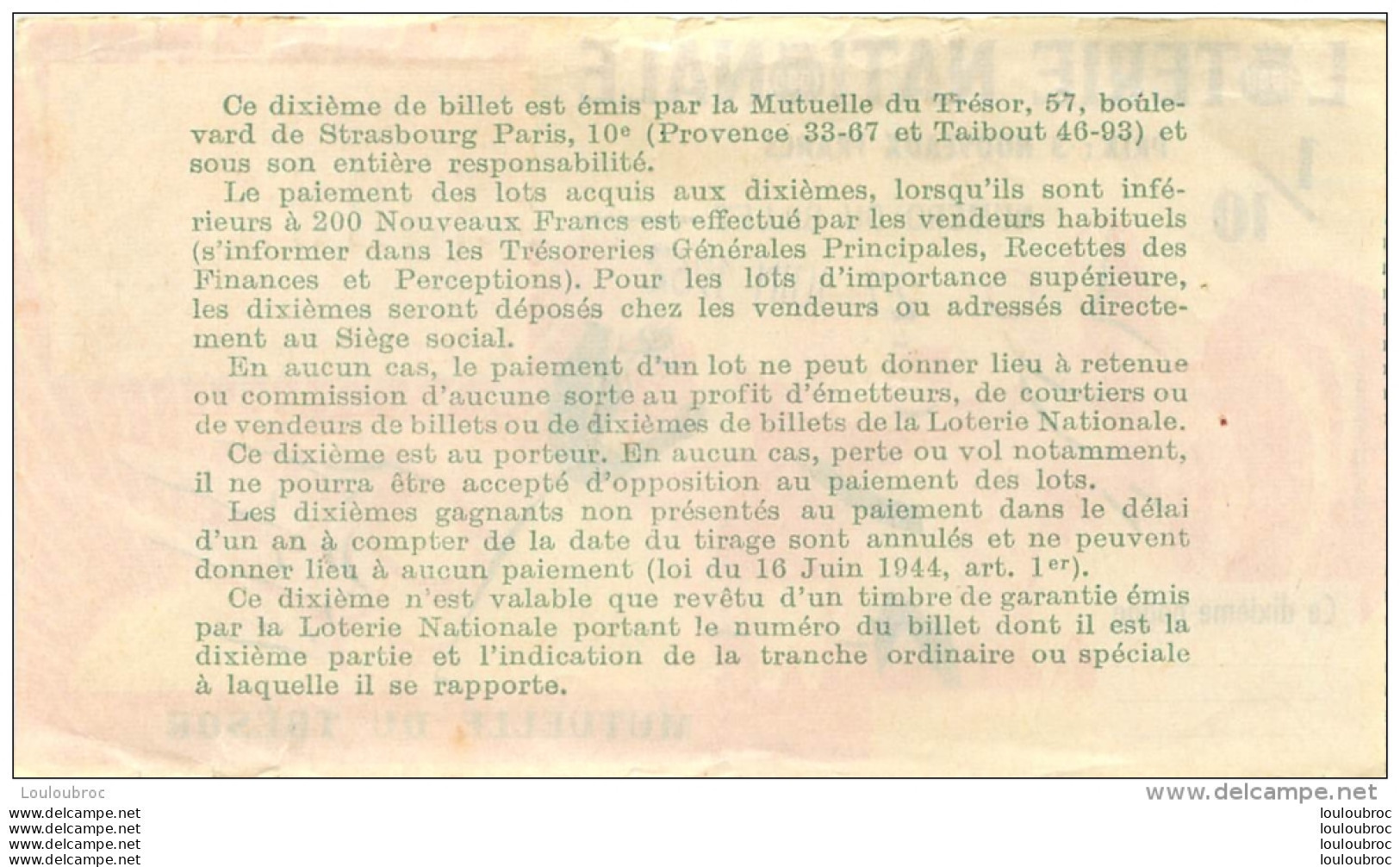 BILLET DE LOTERIE NATIONALE 1962 MUTUELLE DU TRESOR - Loterijbiljetten