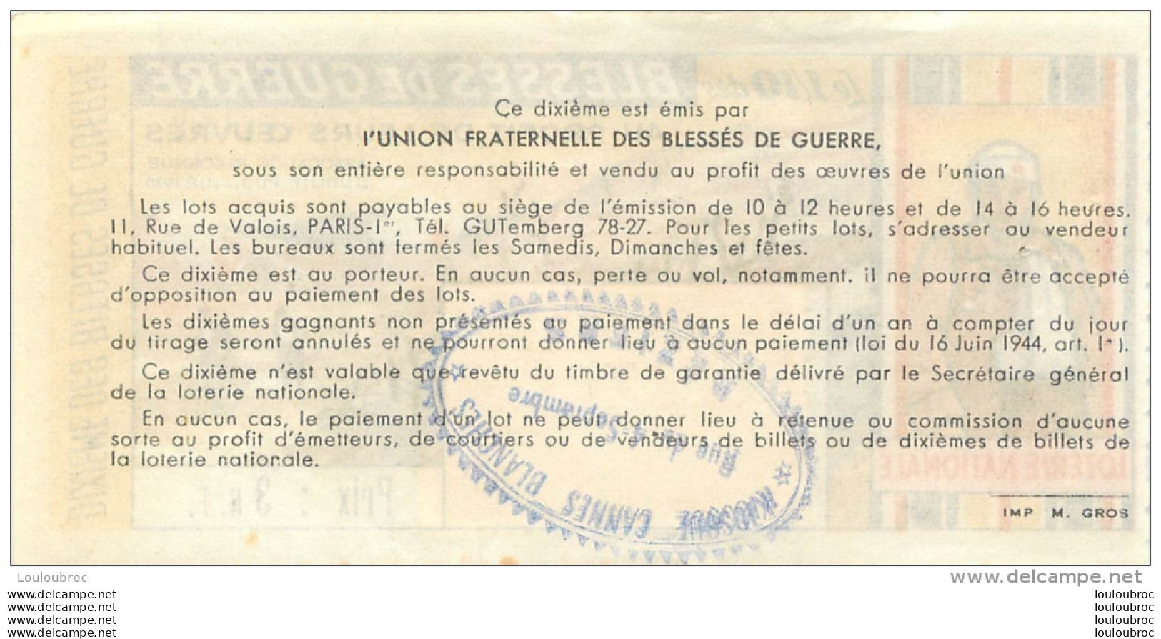 BILLET DE LOTERIE NATIONALE 1962 LES BLESSES DE GUERRE - Lottery Tickets