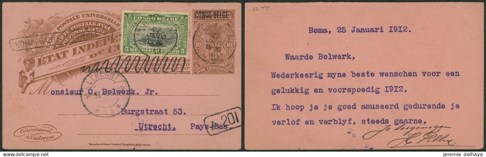 Congo Belge - EP Au Type N°33TT+ N°54 "Boma : Carte Incomplète" (1912) > Utrecht (Pays-Bas) - Stamped Stationery