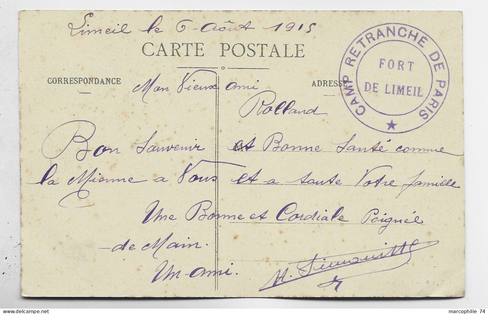 LIMEIL SEINE ET OISE CACHET VIOLET CAMP RETRANCHE DE PARIS FORT DE LIMEIL 1915 SUR CARTE VALENTON - 1. Weltkrieg 1914-1918