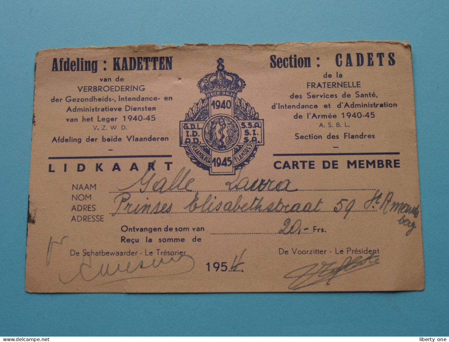 Afd./Section KADETTEN / CADETS 1940-1945 Verbroedring / Fraternelle ( Zie Scans ) 1954 > GALLE Laura St. Amandsberg ! - Membership Cards