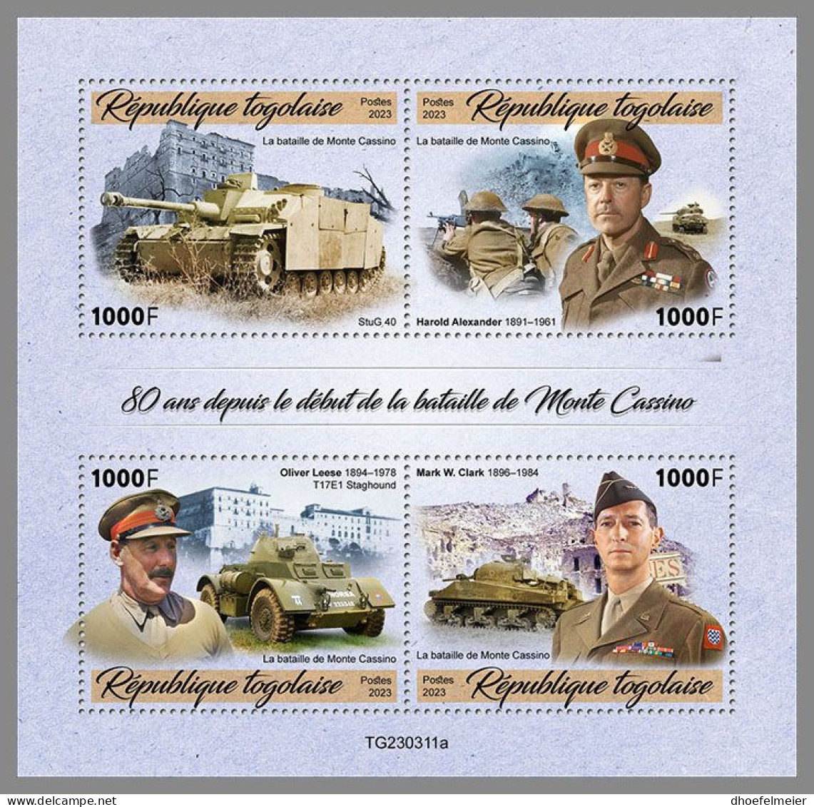TOGO 2023 MNH WWII Battle Of Monte Cassino M/S – IMPERFORATED – DHQ2418 - WO2