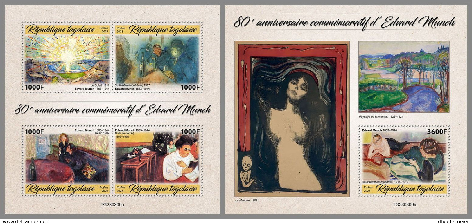 TOGO 2023 MNH Edvard Munch Paintings Gemälde M/S+S/S – IMPERFORATED – DHQ2418 - Sonstige & Ohne Zuordnung