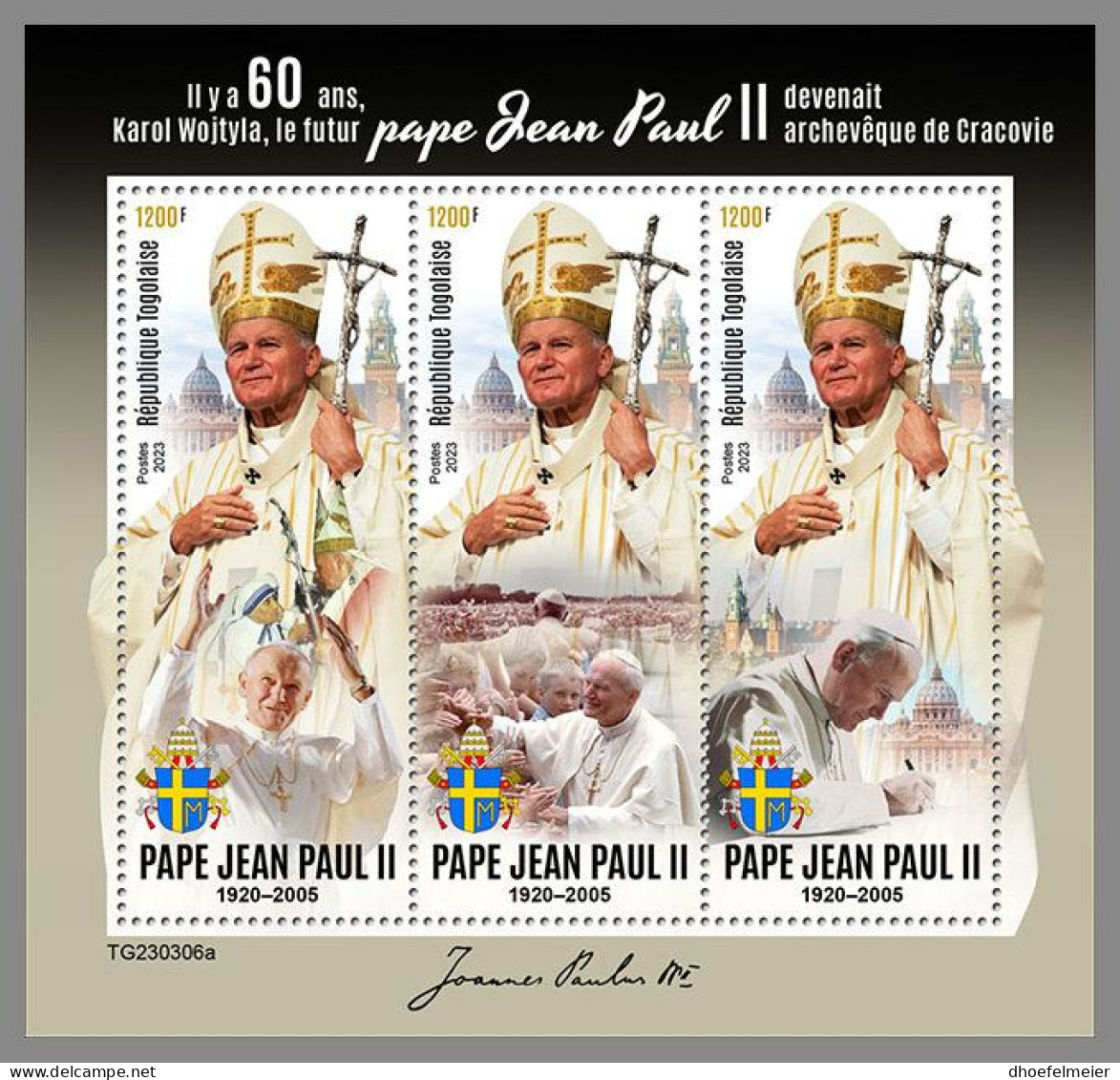 TOGO 2023 MNH Karol Wojtyla Pope John Paul II. M/S – IMPERFORATED – DHQ2418 - Päpste