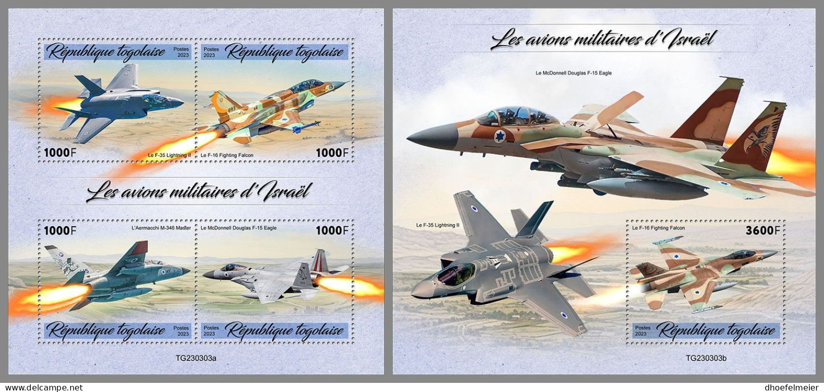 TOGO 2023 MNH Israel Military Aircraft Kampfflugzeuge M/S+S/S – IMPERFORATED – DHQ2418 - Airplanes