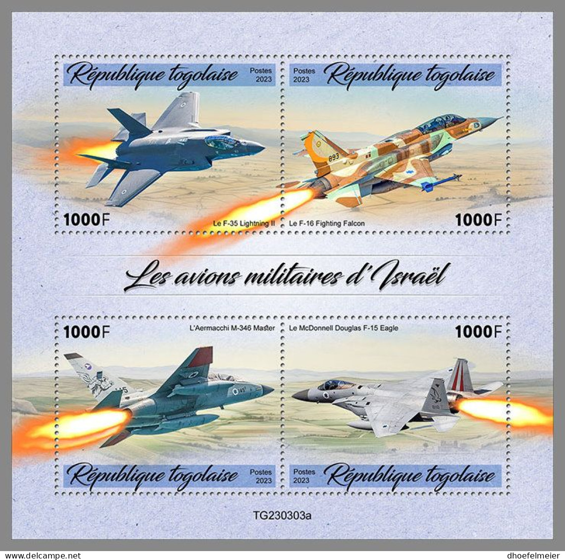 TOGO 2023 MNH Israel Military Aircraft Kampfflugzeuge M/S – IMPERFORATED – DHQ2418 - Airplanes