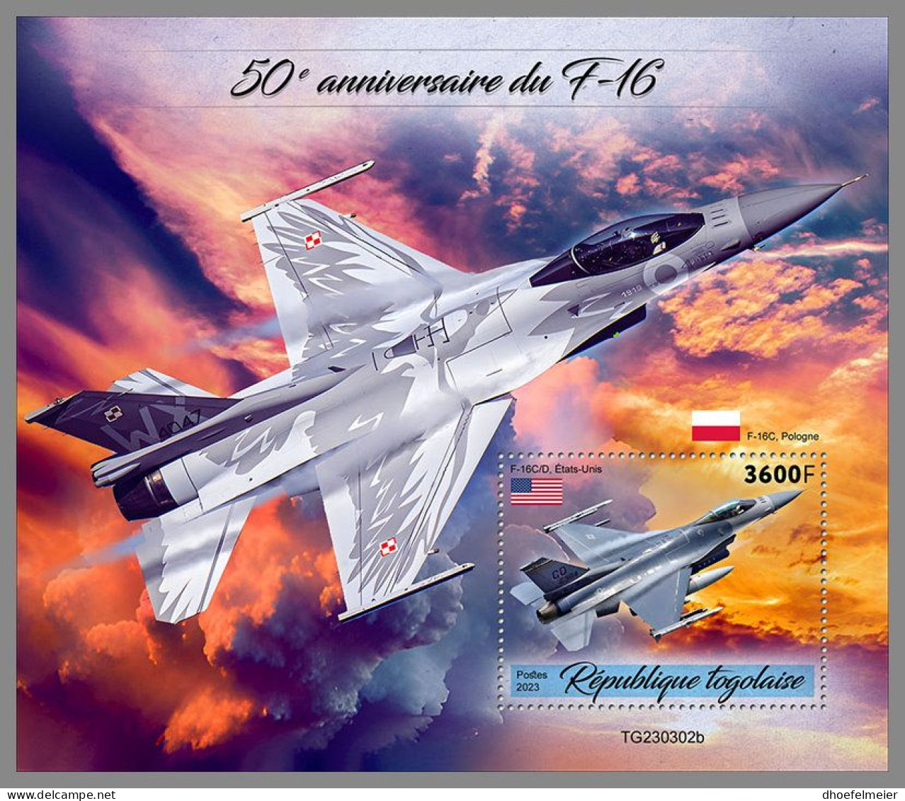 TOGO 2023 MNH F-16 Airplanes Flugzeuge S/S – IMPERFORATED – DHQ2418 - Flugzeuge