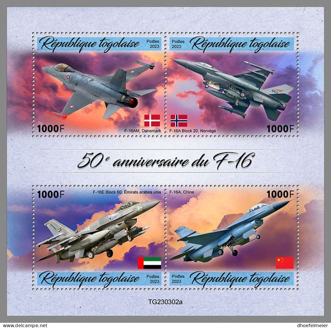 TOGO 2023 MNH F-16 Airplanes Flugzeuge M/S – IMPERFORATED – DHQ2418 - Avions