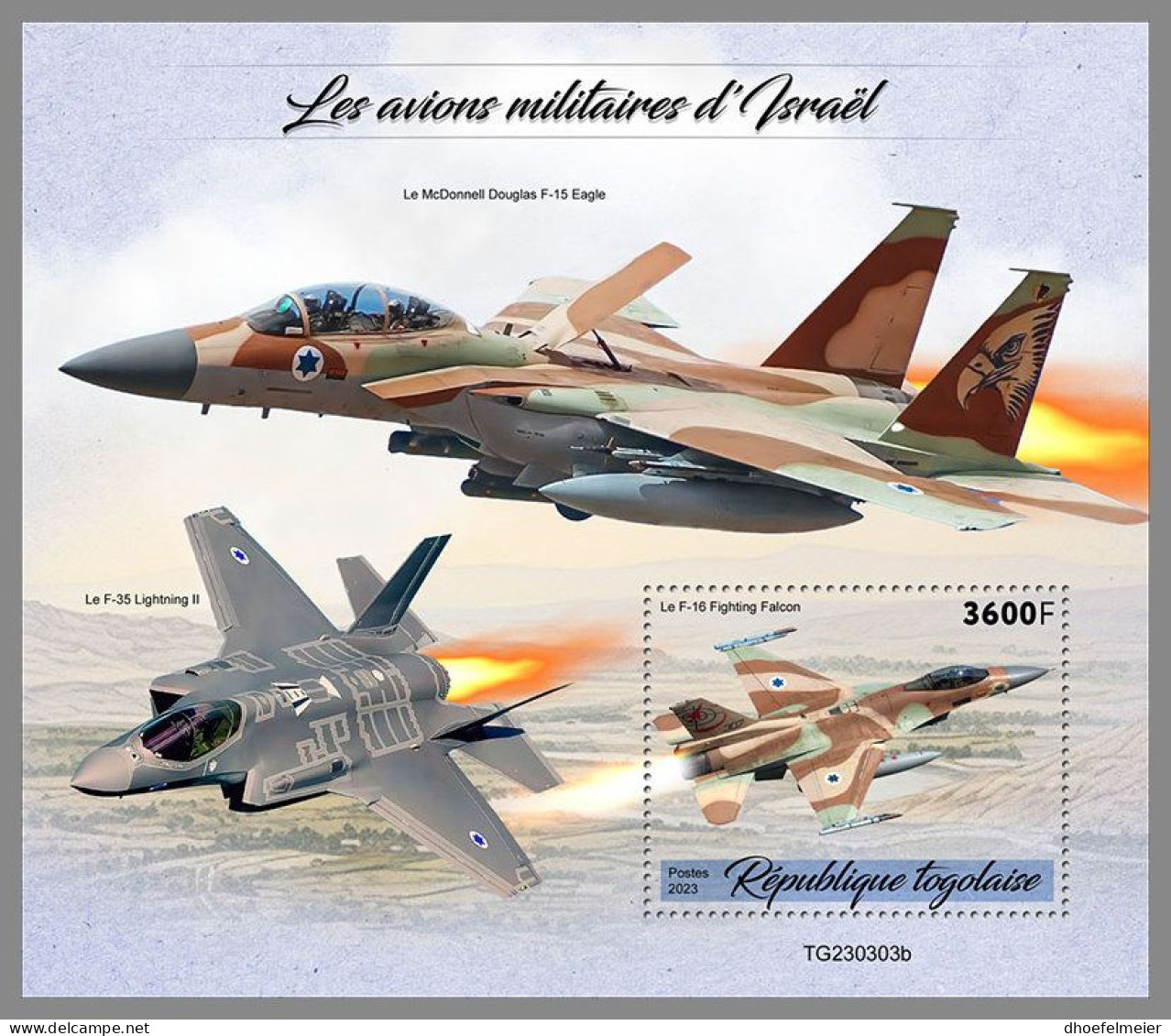 TOGO 2023 MNH Israel Military Aircraft Kampfflugzeuge S/S – IMPERFORATED – DHQ2418 - Flugzeuge