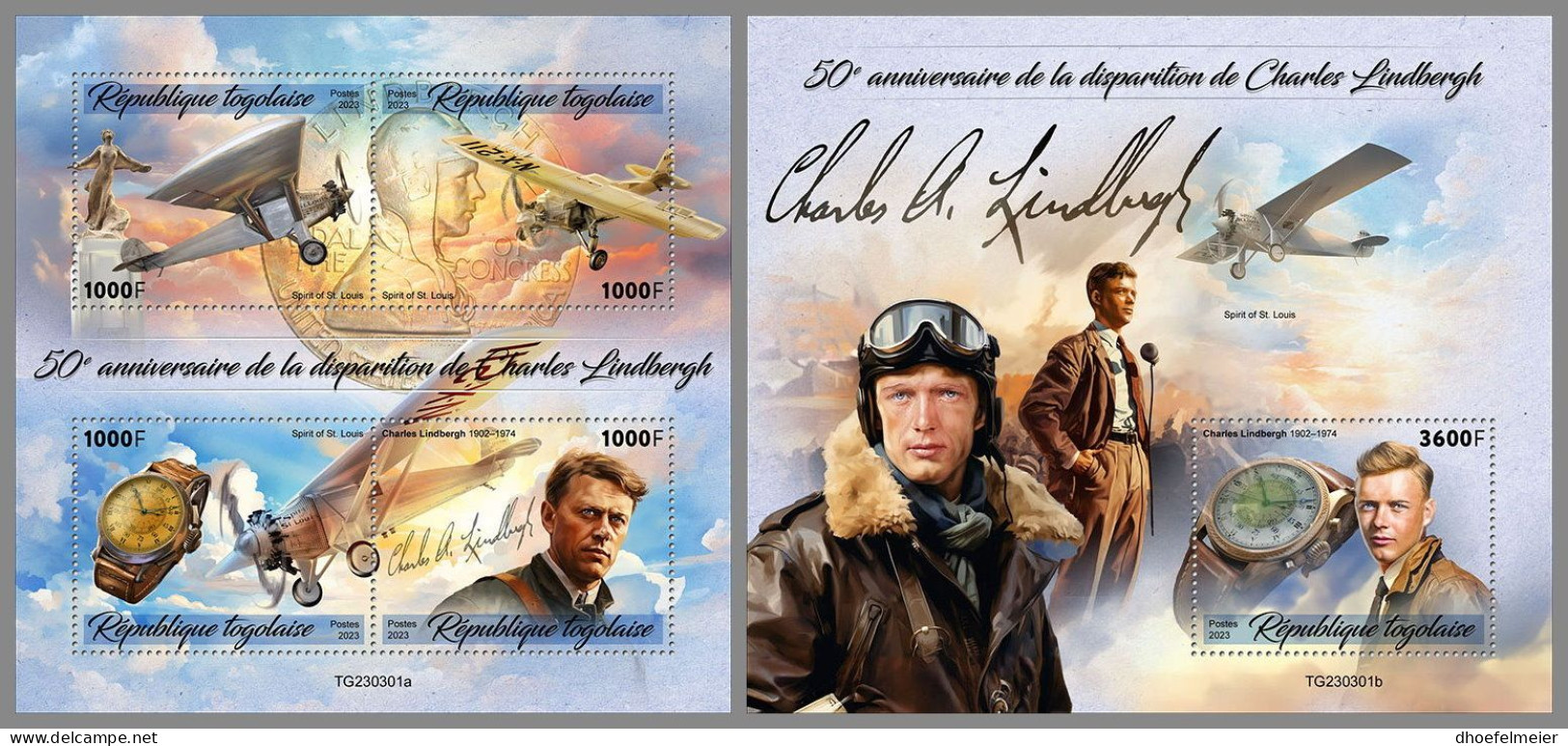 TOGO 2023 MNH Charles Lindbergh Airplanes Flugzeuge M/S+S/S – IMPERFORATED – DHQ2418 - Vliegtuigen